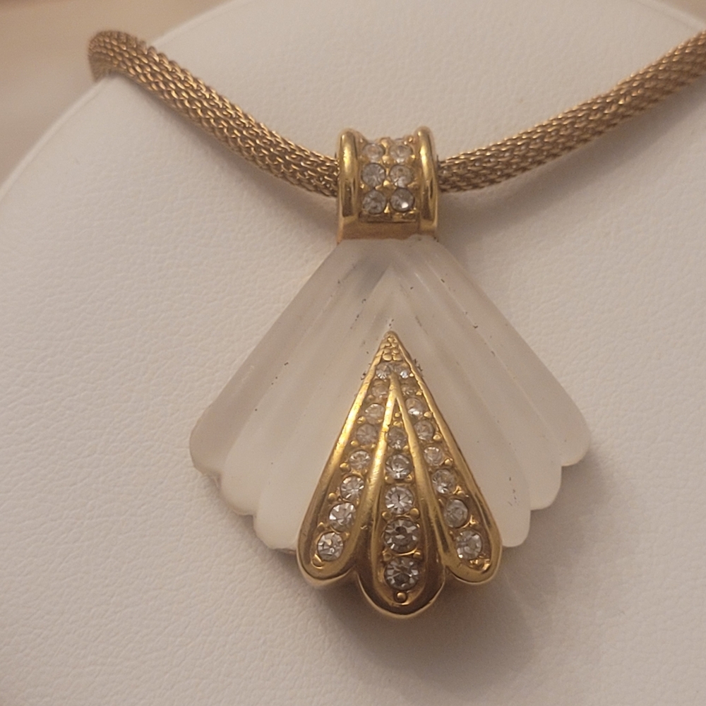 Vintage Christian Dior Gold Frosted Glass And Pave Rhinestone Pendant & Necklace